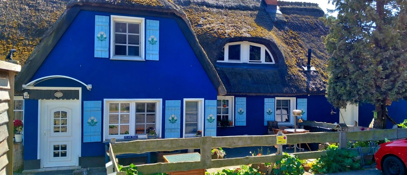 Groß Zicker - blaues Reetdachhaus mit kunstvollen Fensterläden Reetdachhaus mit blauer Fassade und bemalten Fensterläden in Groß Zicker
