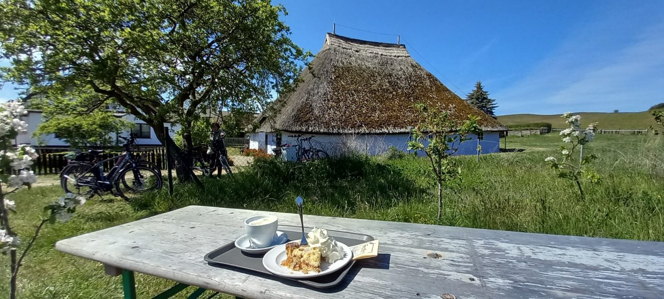 Groß Zicker - Kaffee & Kuchen vor dem Pfarrwitwenhaus Pflaumenkuchen und Kaffeetasse vor dem Pfarrwitwenhaus in Groß Zicker